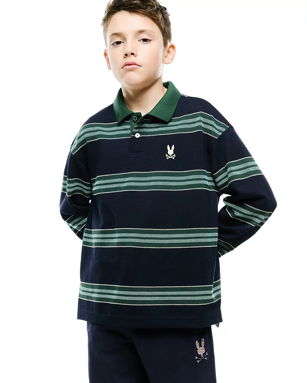 Kids Drew Striped L/S Pique Polo in navy with light green and white horizontal stripes, a dark green collar, two-button placket, and a small embroidered white Psycho Bunny skull logo on the left chest.