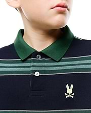 Kids Drew Striped L/S Pique Polo, a navy blue classic fit pique polo with a dark green ribbed collar, featuring horizontal stripes in green, light blue, and white, and a small embroidered white Psycho Bunny skull logo on the left chest.