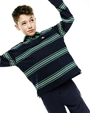Kids Drew Striped L/S Pique Polo in classic fit navy blue pique, featuring long sleeves, a green collar, two-button placket, horizontal green and white stripes, and a small embroidered Psycho Bunny skull logo on the left chest.