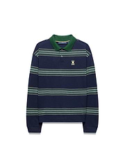 Kids Drew Striped L/S Pique Polo in navy with green collar and horizontal green and white stripes, featuring a small embroidered gold Psycho Bunny skull logo on the left chest.