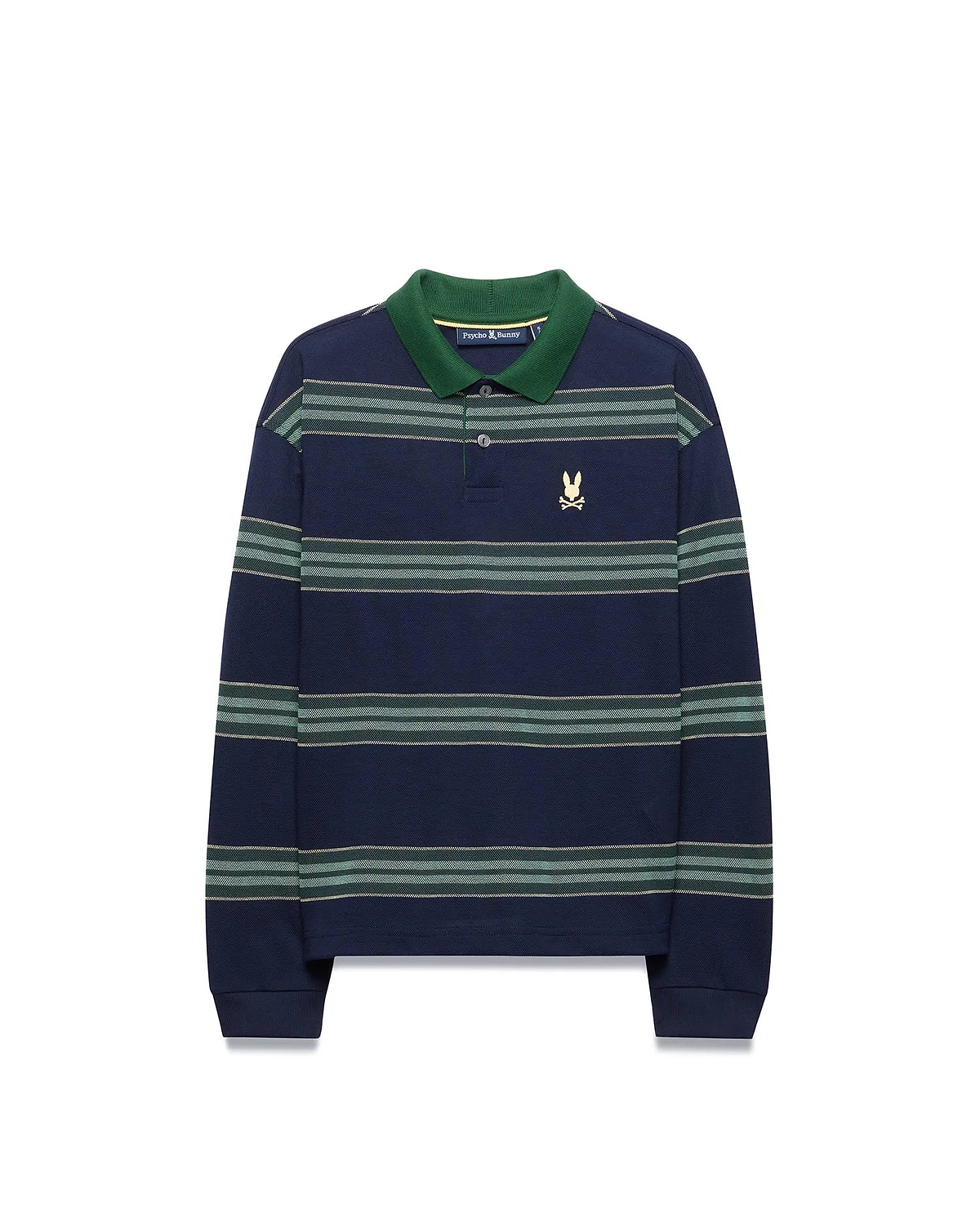 Kids Drew Striped L/S Pique Polo in navy with green collar and horizontal green and white stripes, featuring a small embroidered gold Psycho Bunny skull logo on the left chest.