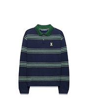 Kids Drew Striped L/S Pique Polo in navy with green collar and horizontal green and white stripes, featuring a small embroidered gold Psycho Bunny skull logo on the left chest.