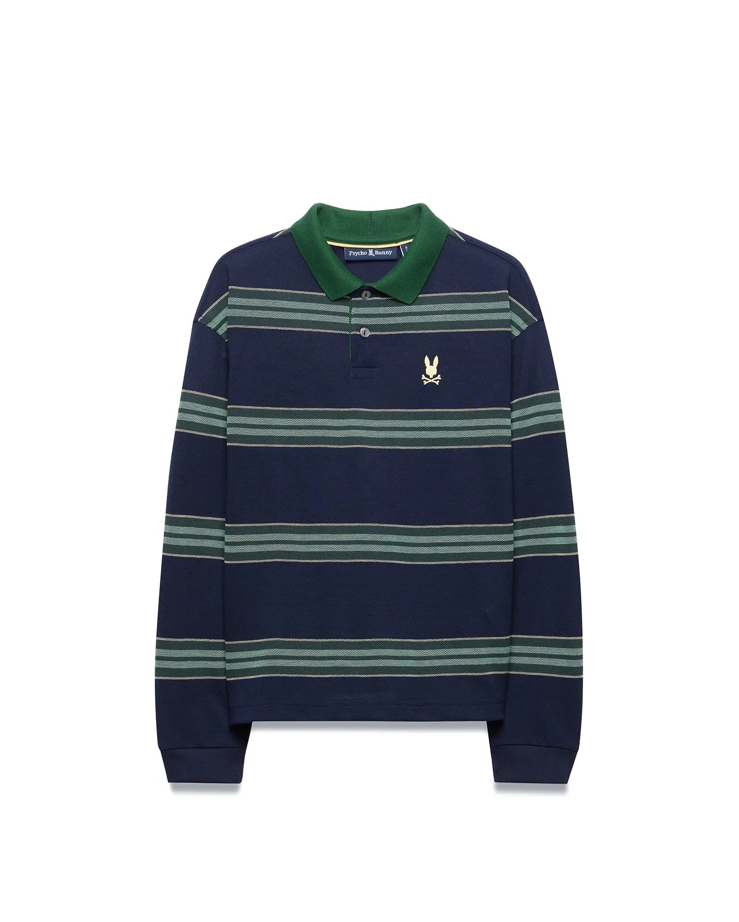 Kids Drew Striped L/S Pique Polo in navy with green collar and horizontal green and white stripes, featuring a small embroidered gold Psycho Bunny skull logo on the left chest.