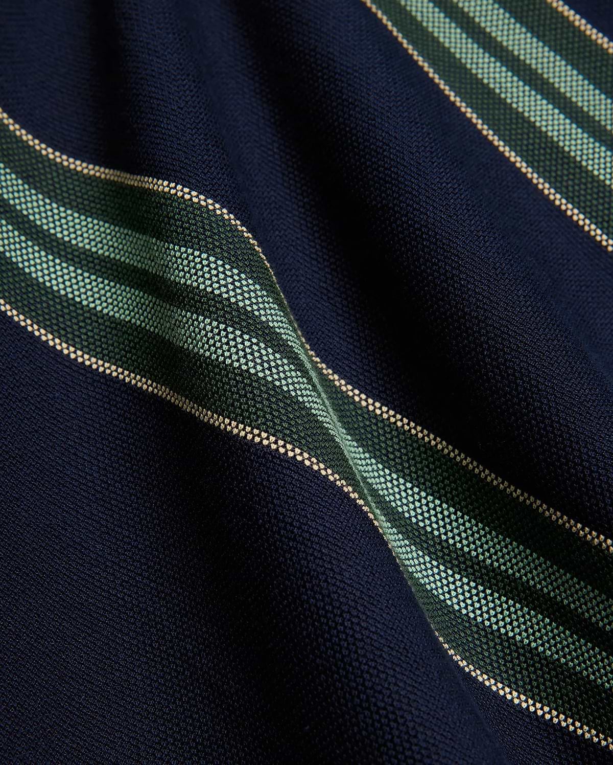 Kids Drew Striped L/S Pique Polo in navy, featuring a textured pique knit fabric with bold horizontal stripes in dark green, mint green, and thin beige accents.