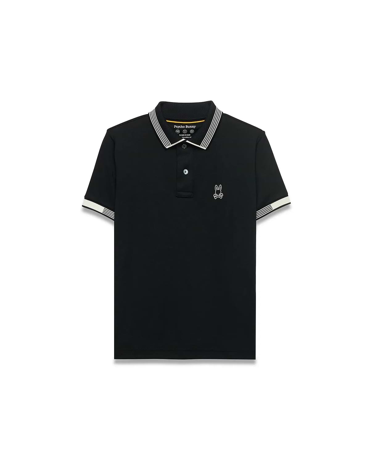 Kids Timmy Pique Polo, black classic fit pique polo with white striped collar and cuffs, featuring a small white embroidered Psycho Bunny skull logo on the left chest. (5)