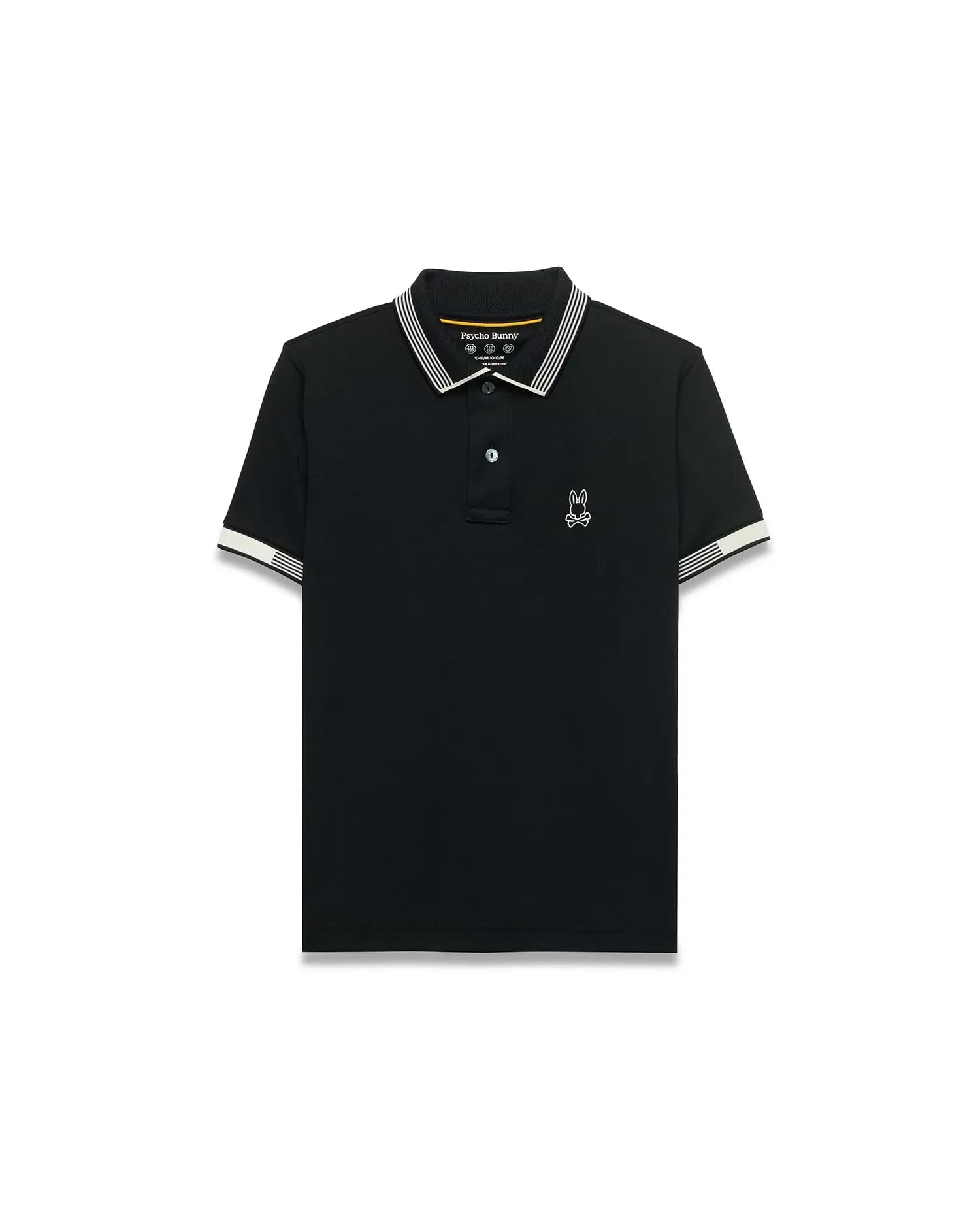 Kids Timmy Pique Polo, black classic fit pique polo with white striped collar and cuffs, featuring a small white embroidered Psycho Bunny skull logo on the left chest. (5)