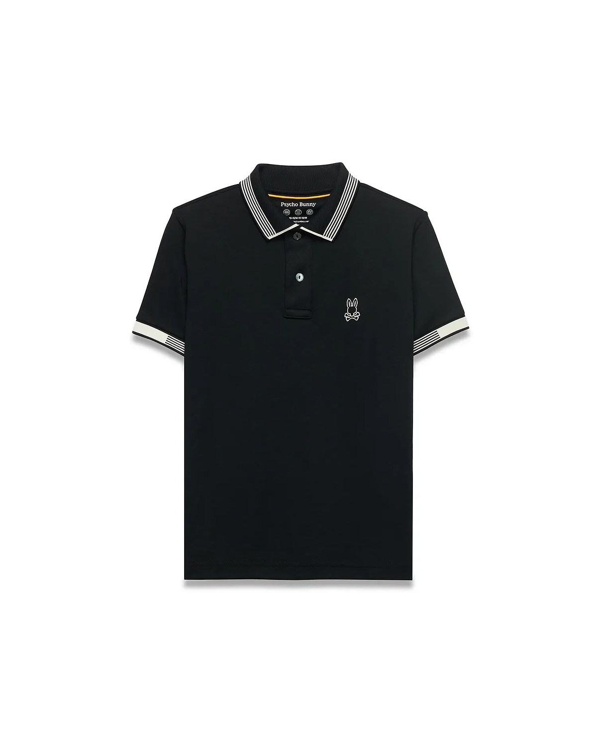 Kids Timmy Pique Polo, black classic fit pique polo with white striped collar and cuffs, featuring a small white embroidered Psycho Bunny skull logo on the left chest. (5)