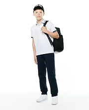 Kids Timmy Pique Polo, white with navy blue striped collar and cuffs, classic fit, pique fabric, featuring a small embroidered Psycho Bunny skull logo on the left chest.