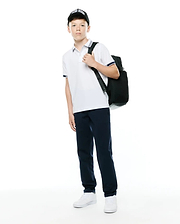 Kids Timmy Pique Polo, white with navy blue striped collar and cuffs, classic fit, pique fabric, featuring a small embroidered Psycho Bunny skull logo on the left chest.