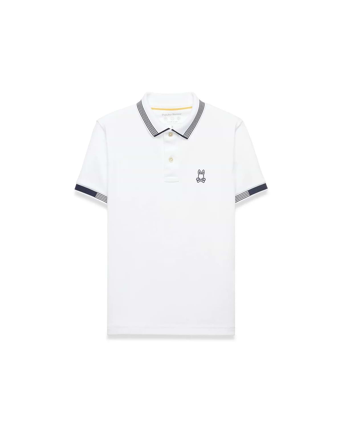 Kids Timmy Pique Polo, white classic fit pique polo with navy striped collar and sleeve cuffs, featuring a small embroidered navy Psycho Bunny skull logo on the left chest.