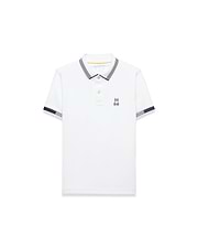 Kids Timmy Pique Polo, white classic fit pique polo with navy striped collar and sleeve cuffs, featuring a small embroidered navy Psycho Bunny skull logo on the left chest.