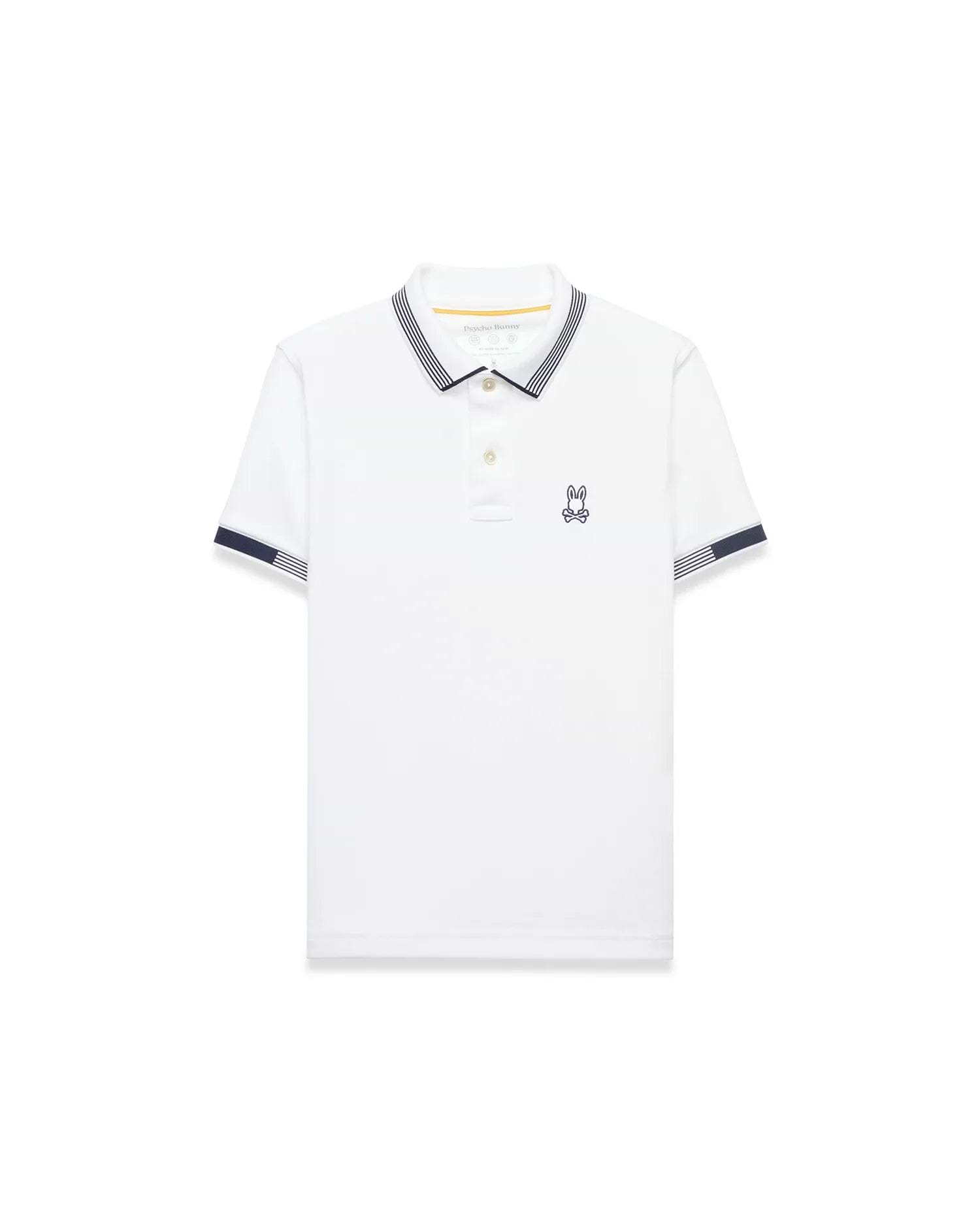 Kids Timmy Pique Polo, white classic fit pique polo with navy striped collar and sleeve cuffs, featuring a small embroidered navy Psycho Bunny skull logo on the left chest.