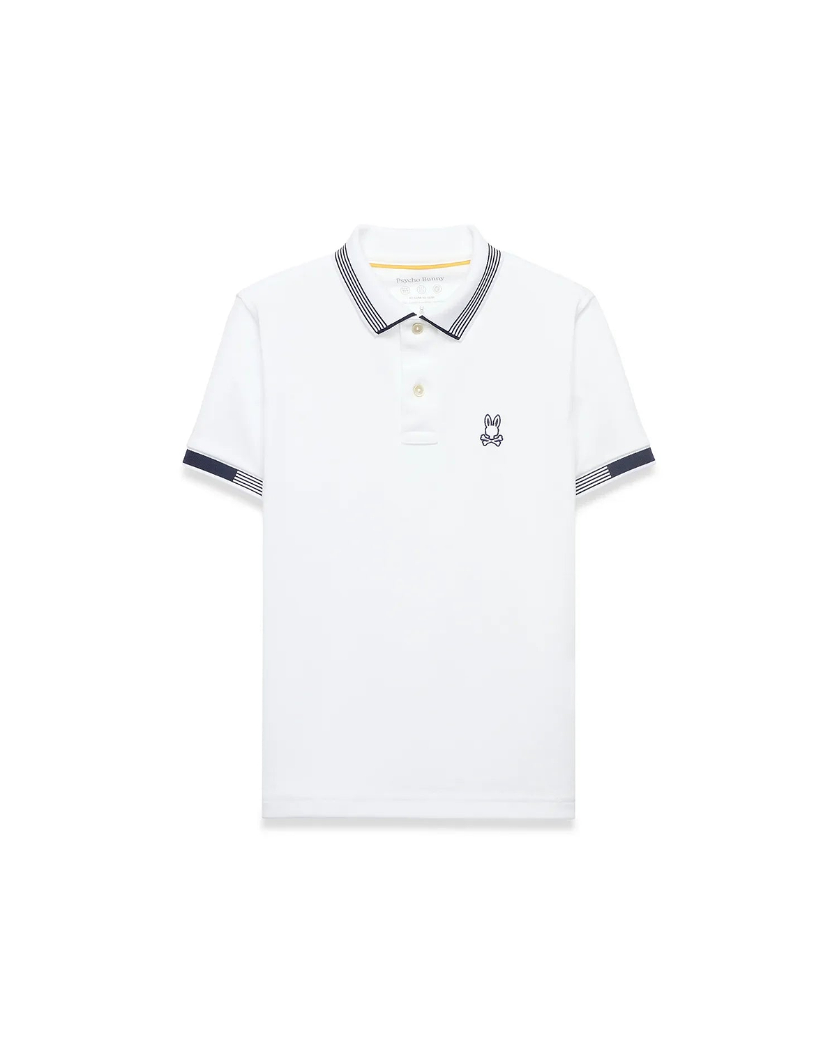 Kids Timmy Pique Polo, white classic fit pique polo with navy striped collar and sleeve cuffs, featuring a small embroidered navy Psycho Bunny skull logo on the left chest.