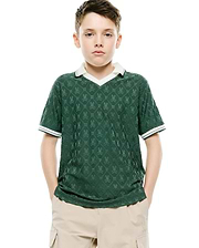 Kids Garry Jacquard Johnny Collar Polo, a classic fit dark green jacquard knit polo with an all-over Psycho Bunny skull logo pattern, white V-neck collar, and striped cuffs.