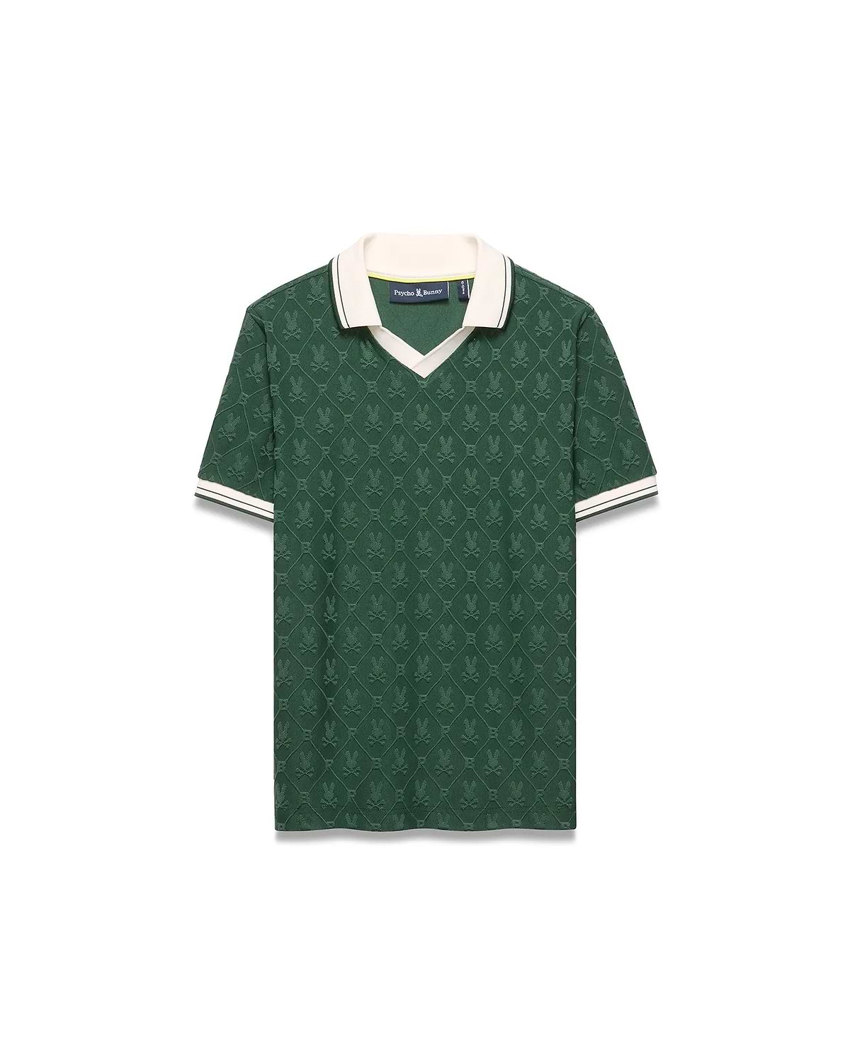Deep green jacquard knit Kids Garry Jacquard Johnny Collar Polo with an all-over Psycho Bunny skull pattern, a cream V-neck collar, and striped ribbed cuffs. Small embroidered logo on chest.