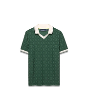 Deep green jacquard knit Kids Garry Jacquard Johnny Collar Polo with an all-over Psycho Bunny skull pattern, a cream V-neck collar, and striped ribbed cuffs. Small embroidered logo on chest.