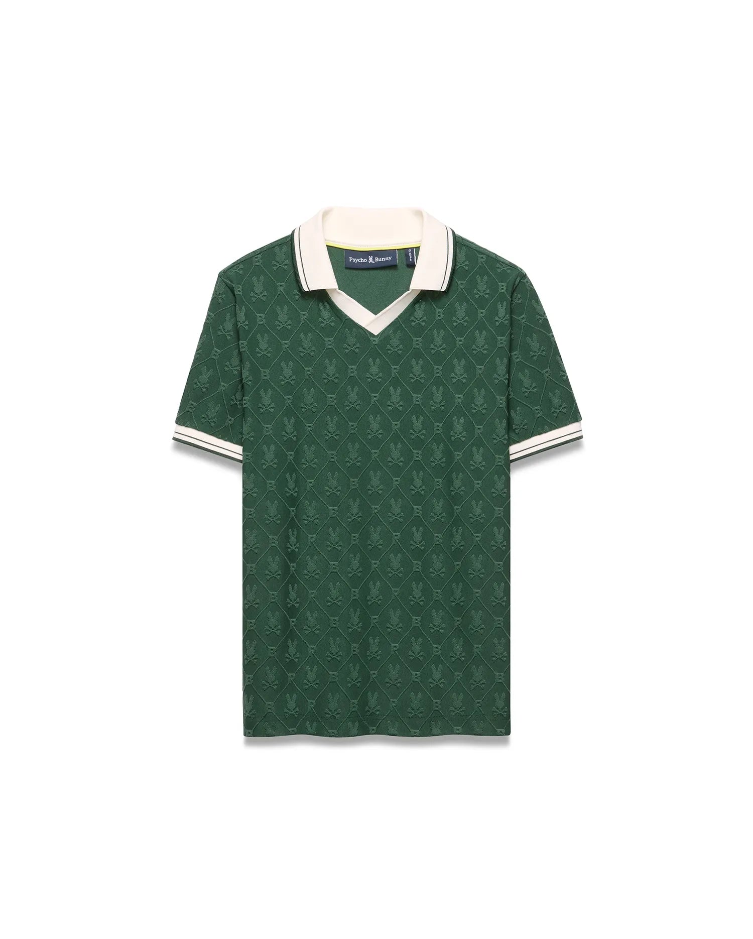 Deep green jacquard knit Kids Garry Jacquard Johnny Collar Polo with an all-over Psycho Bunny skull pattern, a cream V-neck collar, and striped ribbed cuffs. Small embroidered logo on chest.