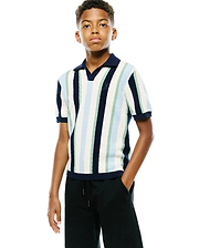Kids Wren Stripe Knit Polo, a classic fit polo with vertical stripes in navy, white, light blue, and light green, featuring a textured knit fabric, navy ribbed trim, and a small embroidered Psycho Bunny skull logo on the left chest.