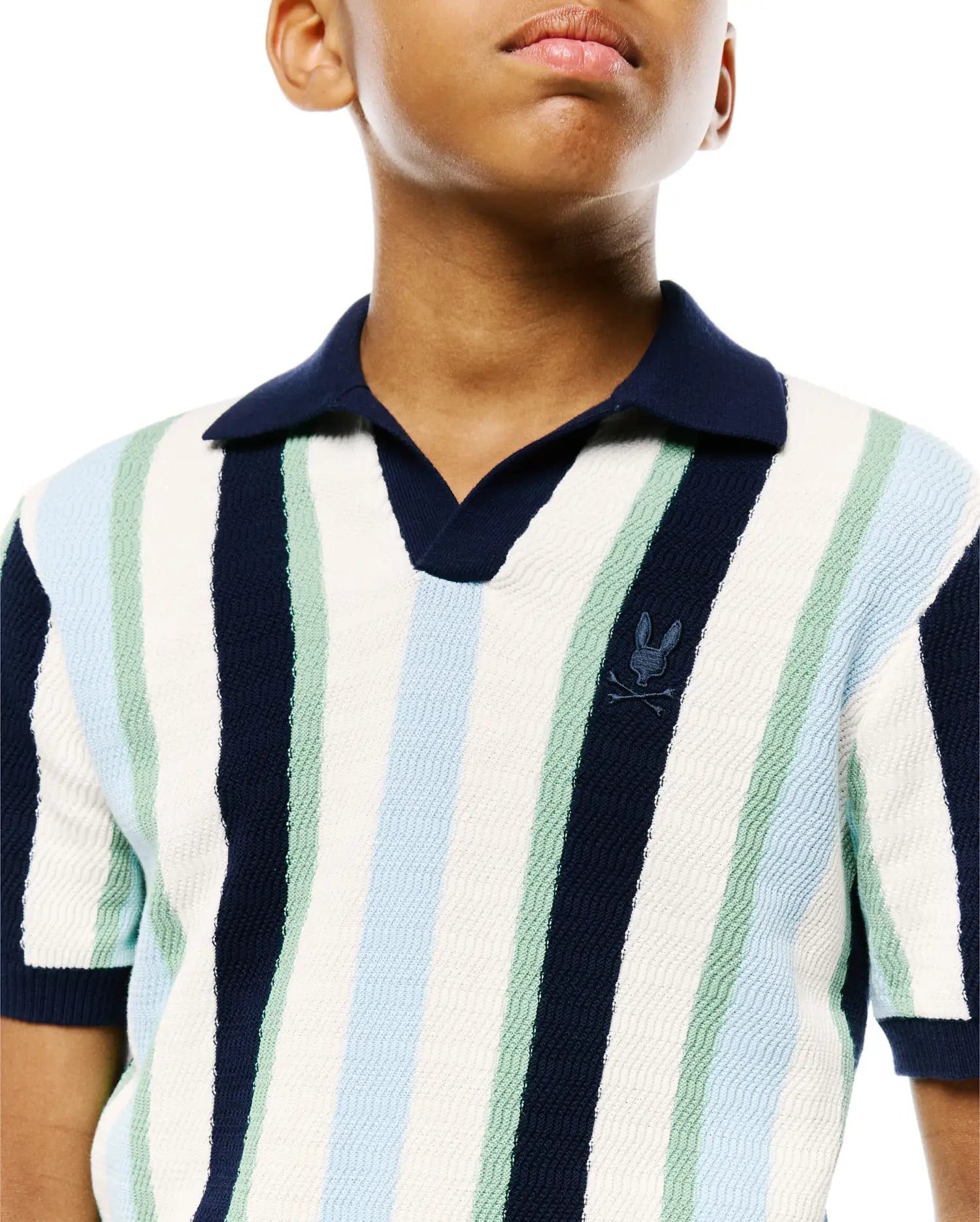 Kids Wren Stripe Knit Polo, a classic fit knit polo with vertical stripes in navy, white, light blue, and light green, featuring a solid navy V-neck collar and an embroidered Psycho Bunny skull logo on the left chest.