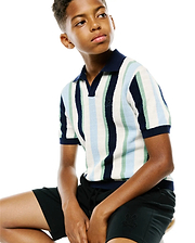 Kids Wren Stripe Knit Polo: classic fit, textured knit with vertical white, navy, light blue, mint stripes, small embroidered Psycho Bunny skull on chest. Black knit shorts with large embroidered logo.