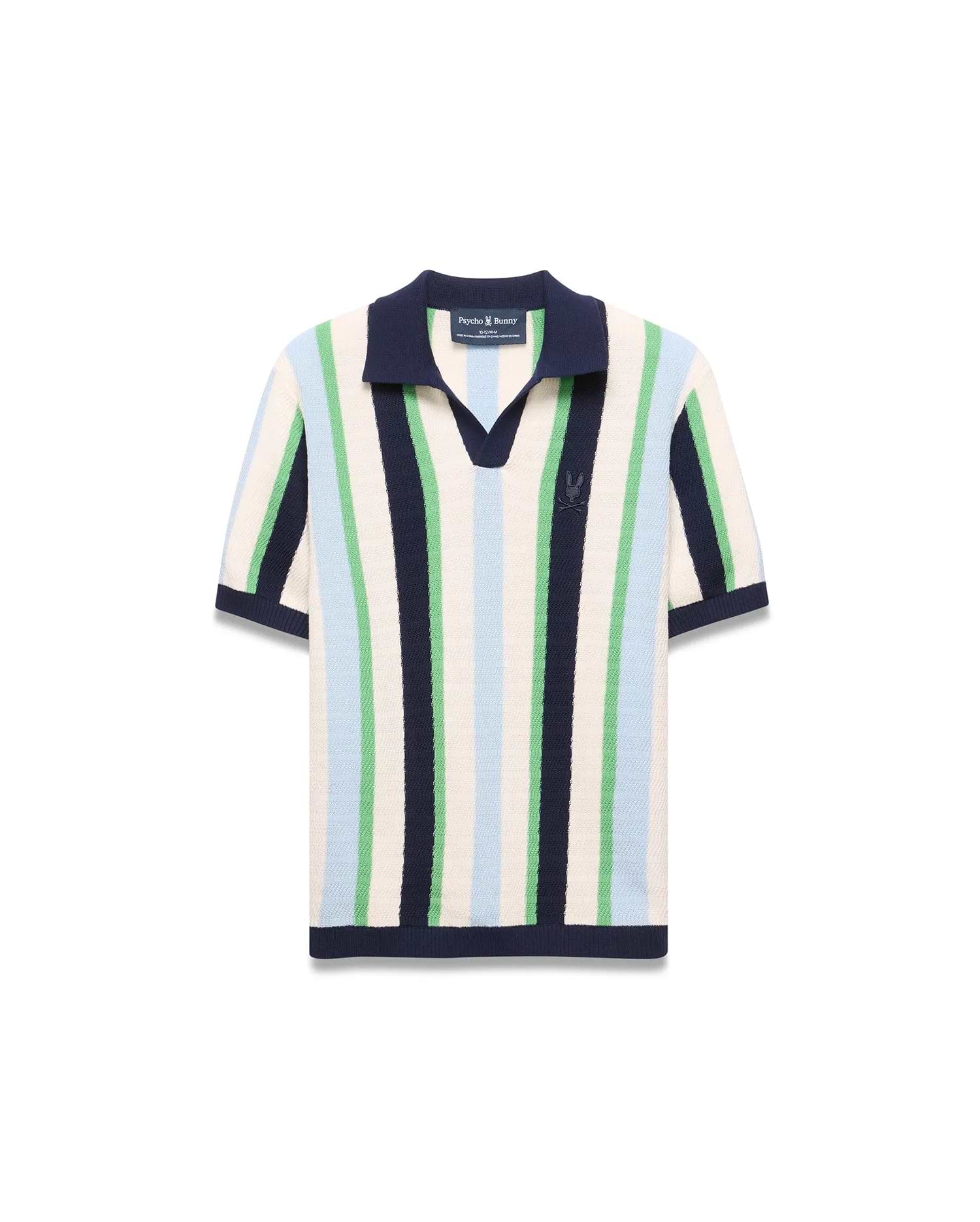 Kids Wren Stripe Knit Polo featuring cream, navy, light blue, and green vertical stripes. Classic fit knit polo with a navy V-neck collar, ribbed cuffs, hem, and an embroidered Psycho Bunny logo on the chest.