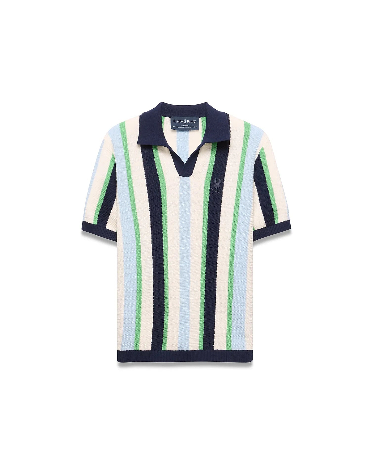 Kids Wren Stripe Knit Polo featuring cream, navy, light blue, and green vertical stripes. Classic fit knit polo with a navy V-neck collar, ribbed cuffs, hem, and an embroidered Psycho Bunny logo on the chest.