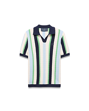 Kids Wren Stripe Knit Polo featuring cream, navy, light blue, and green vertical stripes. Classic fit knit polo with a navy V-neck collar, ribbed cuffs, hem, and an embroidered Psycho Bunny logo on the chest.