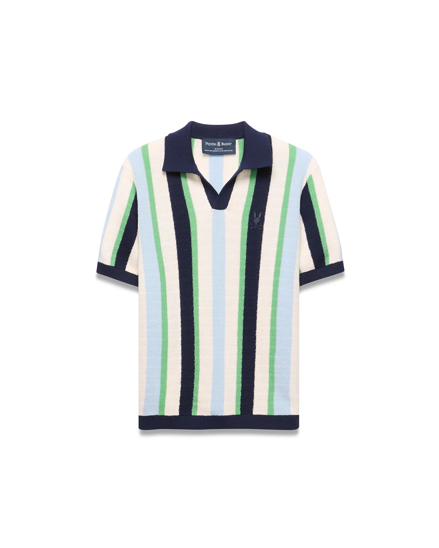 Kids Wren Stripe Knit Polo featuring cream, navy, light blue, and green vertical stripes. Classic fit knit polo with a navy V-neck collar, ribbed cuffs, hem, and an embroidered Psycho Bunny logo on the chest.