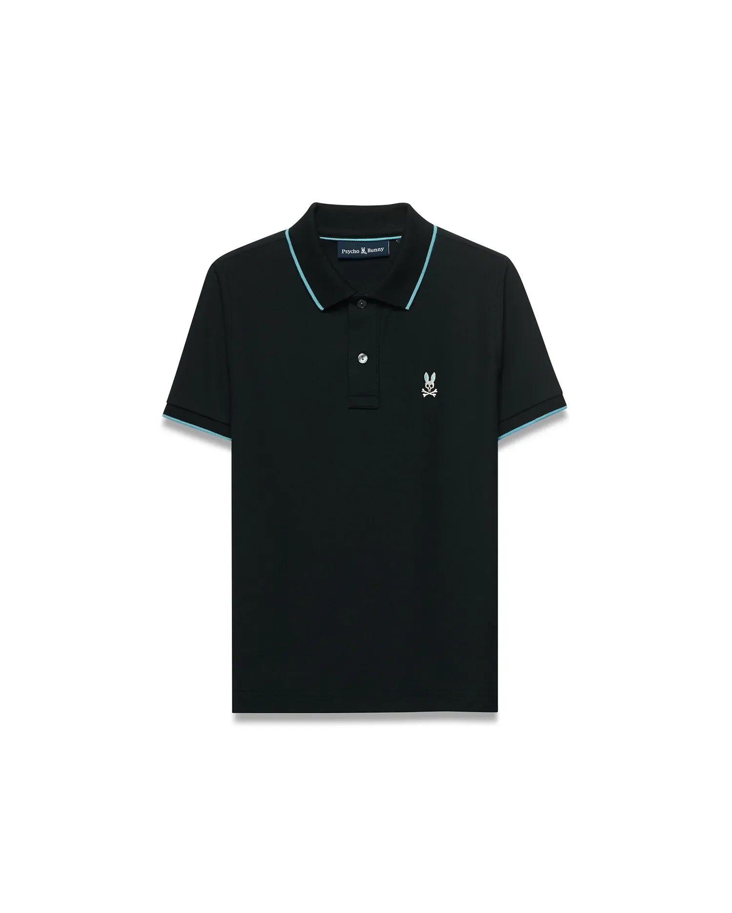 Kids' Klaus Pique Polo, black, classic fit, featuring light blue piping on ribbed collar and cuffs, with a small embroidered Psycho Bunny skull logo on the left chest. (5)