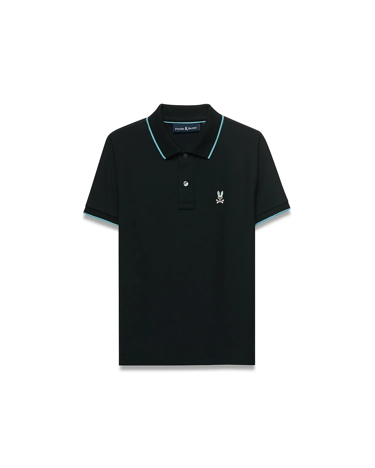 Kids' Klaus Pique Polo, black, classic fit, featuring light blue piping on ribbed collar and cuffs, with a small embroidered Psycho Bunny skull logo on the left chest. (5)