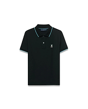Kids' Klaus Pique Polo, black, classic fit, featuring light blue piping on ribbed collar and cuffs, with a small embroidered Psycho Bunny skull logo on the left chest. (5)