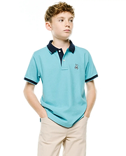 Kids' Klaus Pique Polo, aqua pique knit, classic fit, with navy collar and sleeve cuffs, featuring a small embroidered Psycho Bunny skull logo on the left chest. (1)
