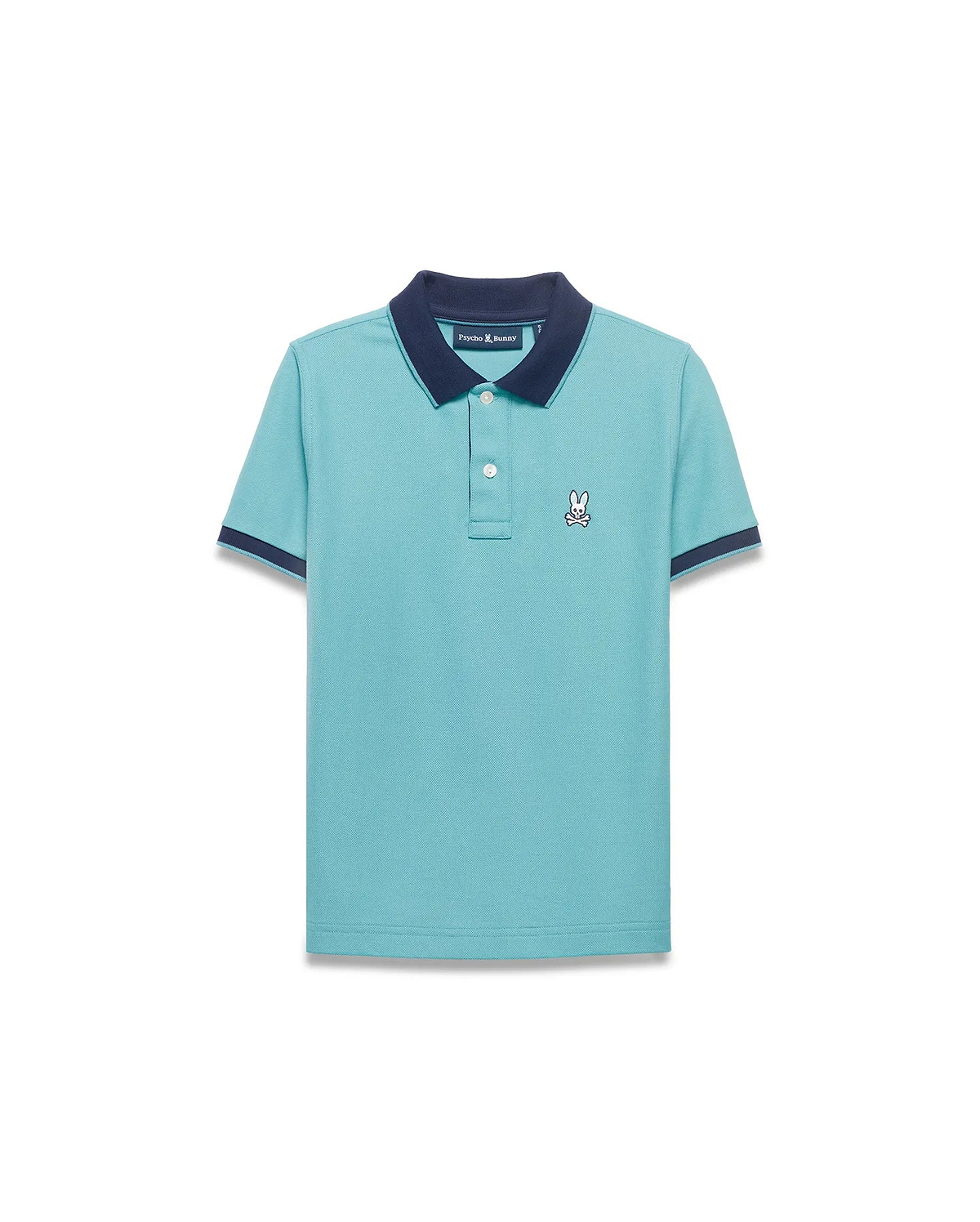 Kids' Klaus Pique Polo in aqua with navy collar and sleeve cuffs, featuring a classic fit and small embroidered white Psycho Bunny skull logo on the left chest. (5)