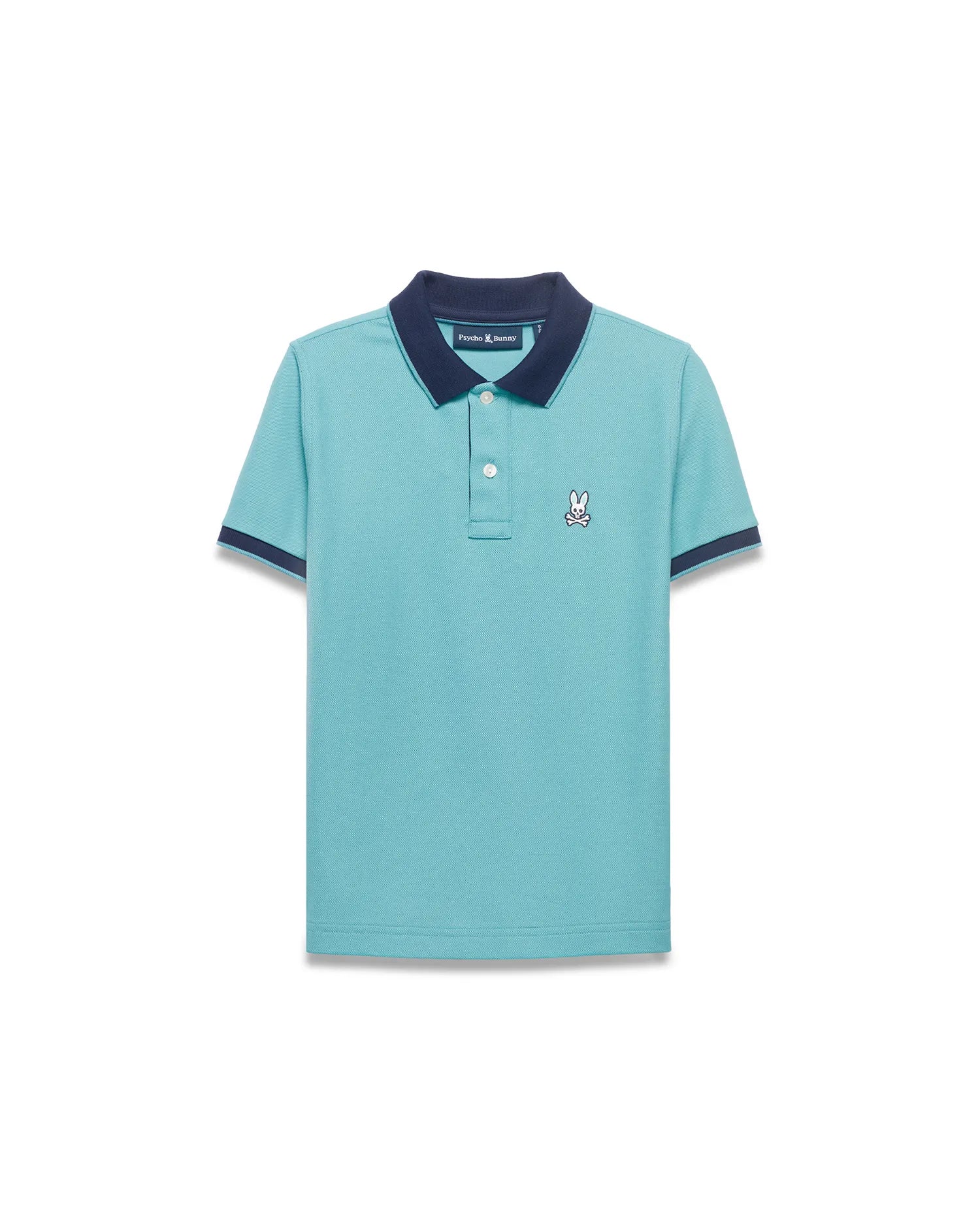 Kids' Klaus Pique Polo in aqua with navy collar and sleeve cuffs, featuring a classic fit and small embroidered white Psycho Bunny skull logo on the left chest. (5)