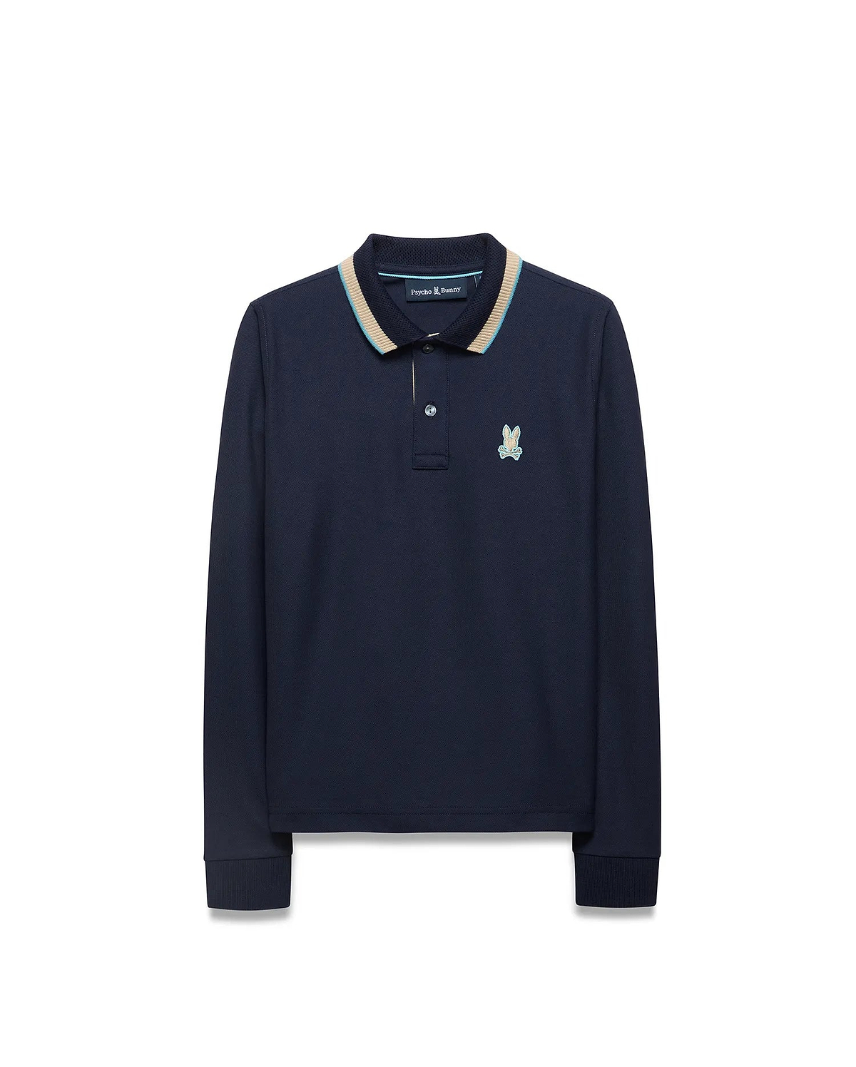 Kids' Grover Pique Longsleeve Polo in navy blue, featuring a classic fit, textured pique fabric, a striped collar with beige and light blue accents, and a small embroidered Psycho Bunny skull logo on the left chest. (5)