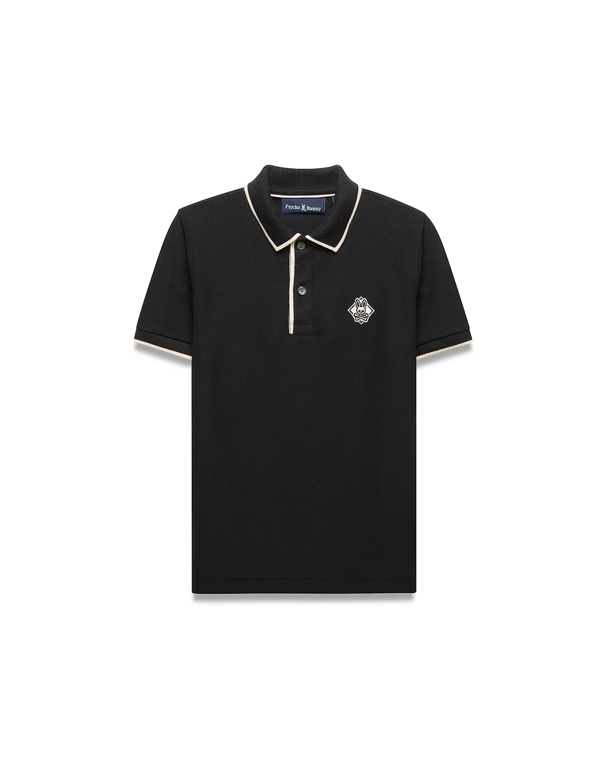 Kids Robin Pique Polo, black classic fit pique with cream piping on collar and sleeves, featuring an embroidered Psycho Bunny skull logo in a diamond on the left chest.
