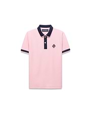 Kids Robin Pique Polo in pink pique knit, featuring a classic fit, navy blue ribbed collar, two-button placket, and sleeve cuffs, with an embroidered navy Psycho Bunny skull logo on the left chest.
