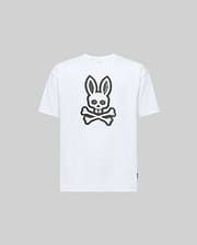 The KIDS RYDER OVERSIZED FIT TEE (KT0200056) by Psycho Bunny features a large stylized rabbit skull and crossbones graphic on the front, set against a light gray Pima cotton for premium softness.