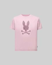 The Psycho Bunny KIDS GRANT BUNNY GRAPHIC TEE (KT0200061) features a light pink Pima cotton shirt with a bunny-head skull and crossbones design in thin dark lines, shown on a plain gray background.