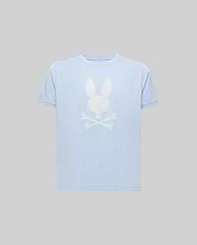 The Psycho Bunny KIDS GRANT BUNNY GRAPHIC TEE (KT0200061) is a light blue Pima cotton tee featuring an HD-printed white bunny head above crossed bones on the chest, shown on a plain gray background. (1)