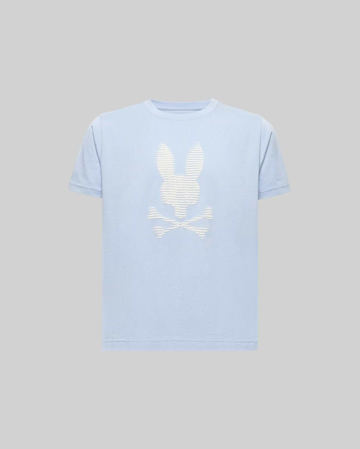 The Psycho Bunny KIDS GRANT BUNNY GRAPHIC TEE (KT0200061) is a light blue Pima cotton tee featuring an HD-printed white bunny head above crossed bones on the chest, shown on a plain gray background. (1)