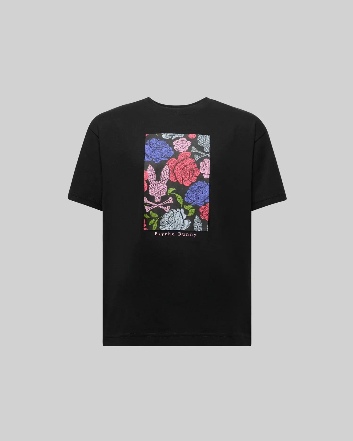 The KIDS ROWEN OVERSIZED TEE (KT0200093) by Psycho Bunny is a black Pima cotton shirt featuring a vibrant floral graphic with pink, blue, and red details, plus "Psycho Bunny" printed beneath the design on the front. (5)