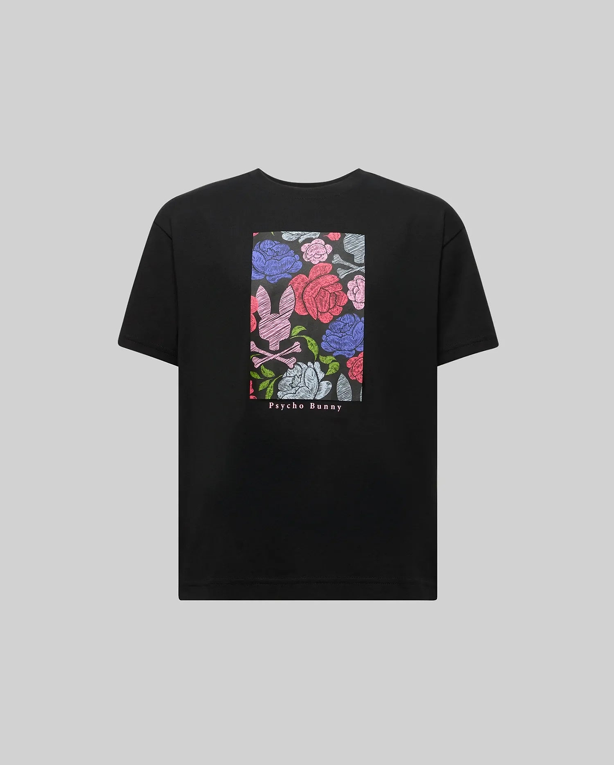 The KIDS ROWEN OVERSIZED TEE (KT0200093) by Psycho Bunny is a black Pima cotton shirt featuring a vibrant floral graphic with pink, blue, and red details, plus "Psycho Bunny" printed beneath the design on the front. (5)