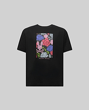 The KIDS ROWEN OVERSIZED TEE (KT0200093) by Psycho Bunny is a black Pima cotton shirt featuring a vibrant floral graphic with pink, blue, and red details, plus "Psycho Bunny" printed beneath the design on the front. (5)