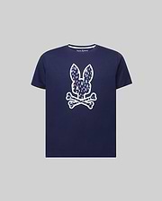 Kids Nev Bunny Graphic Tee. Navy classic fit jersey t-shirt featuring a large iridescent Psycho Bunny skull graphic on the front, filled with smaller multi-color bunny logos, and a small embroidered logo on the left chest. (1)