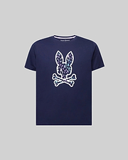 Kids Nev Bunny Graphic Tee. Navy classic fit jersey t-shirt featuring a large iridescent Psycho Bunny skull graphic on the front, filled with smaller multi-color bunny logos, and a small embroidered logo on the left chest. (1)