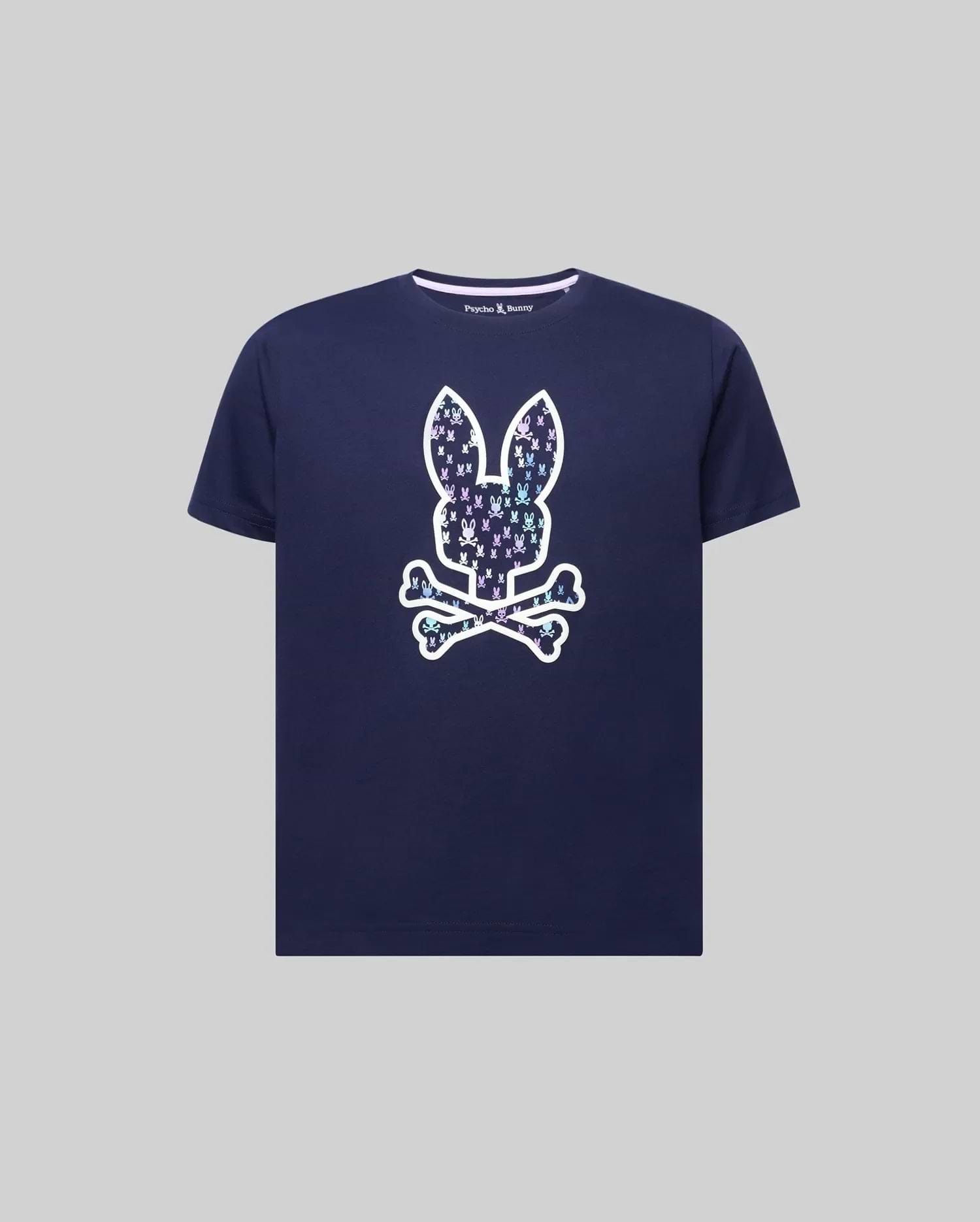 Kids Nev Bunny Graphic Tee. Navy classic fit jersey t-shirt featuring a large iridescent Psycho Bunny skull graphic on the front, filled with smaller multi-color bunny logos, and a small embroidered logo on the left chest. (1)