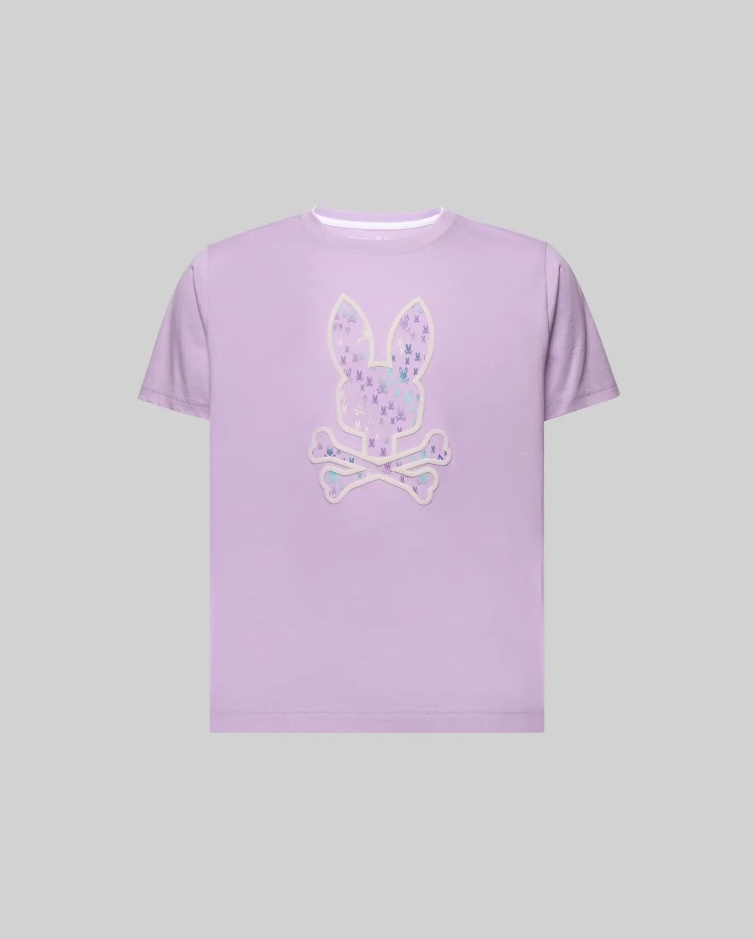 Kids Nev Bunny Graphic Tee in lavender, a classic fit, smooth jersey knit shirt featuring a large central Psycho Bunny skull logo graphic with a white outline, filled with a vibrant, multi-color pattern of smaller bunny skulls. (1)