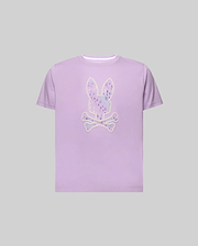 Kids Nev Bunny Graphic Tee in lavender, a classic fit, smooth jersey knit shirt featuring a large central Psycho Bunny skull logo graphic with a white outline, filled with a vibrant, multi-color pattern of smaller bunny skulls. (1)