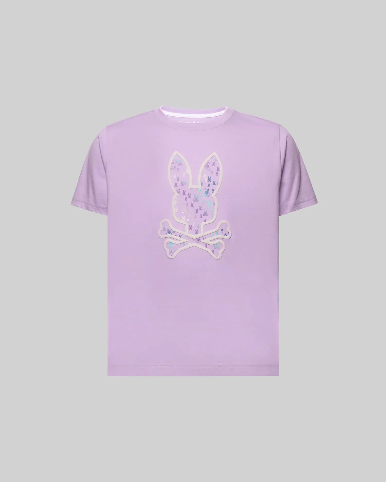 Kids Nev Bunny Graphic Tee in lavender, a classic fit, smooth jersey knit shirt featuring a large central Psycho Bunny skull logo graphic with a white outline, filled with a vibrant, multi-color pattern of smaller bunny skulls. (1)